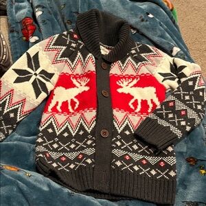 B1 5Y Hatley Brand Button-Up Cardigan w/ Moose and Fair Isle Print